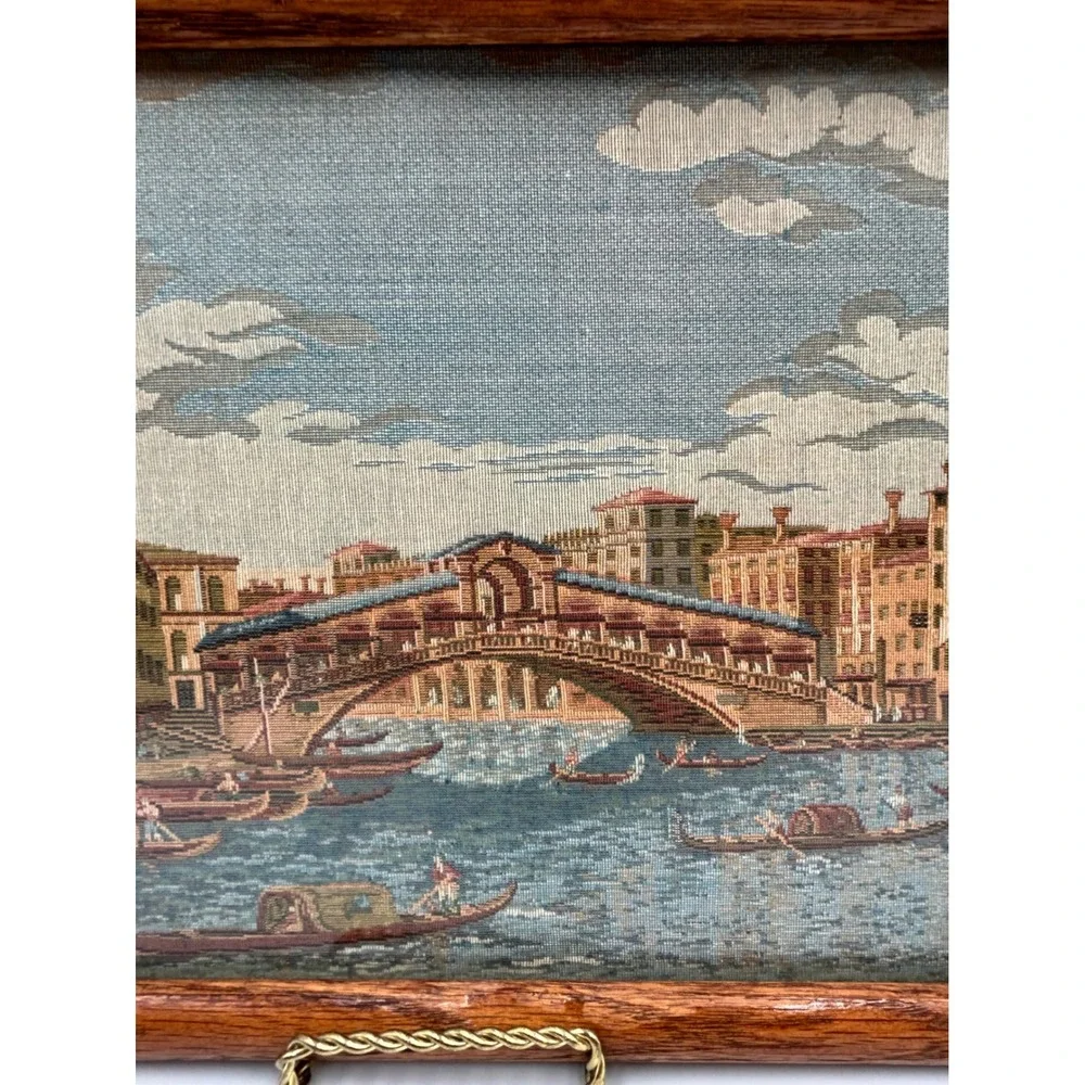 Framed Tapestry Blue Venice Italy Rialto Bridge Wall Art EUC 12 W x 9.5 H Inches